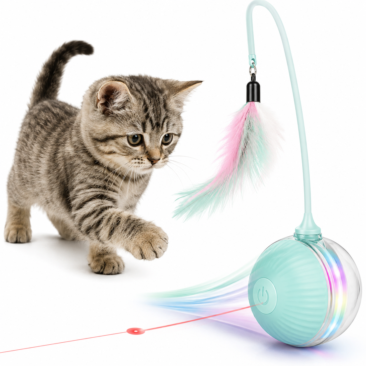 Rolling Cat Toy Ball with LED Light & Teaser Tail