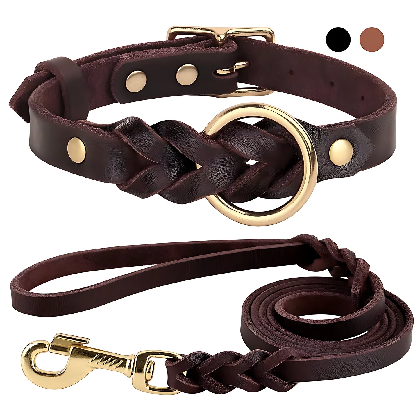 Genuine Leather Dog Collar & Leash Set – Braided Heavy Duty Lead for Medium & Large Dogs