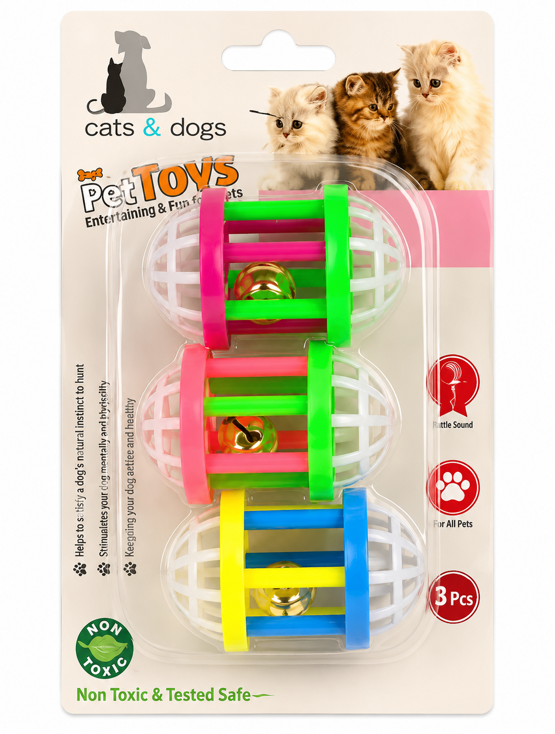 Cat Toy Ball with Bell – Set of 3 Rolling Balls for Cats, Birds & Small Pets