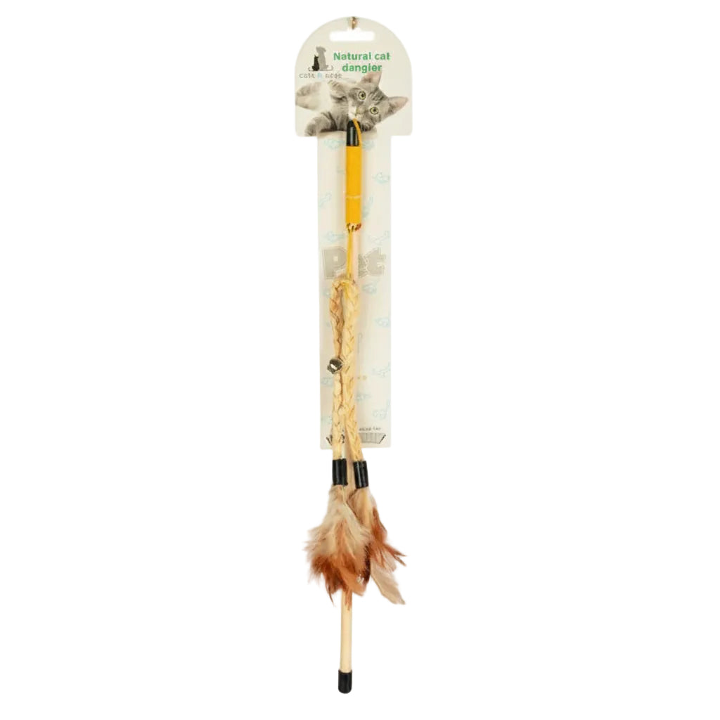 Cat toy wand with wooden handle, flying feather teaser, and bell for interactive indoor play with cats and kittens.
