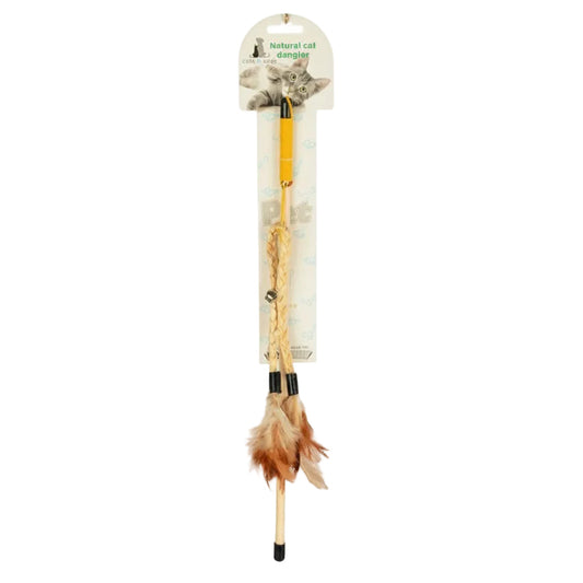 Cat toy wand with wooden handle, flying feather teaser, and bell for interactive indoor play with cats and kittens.