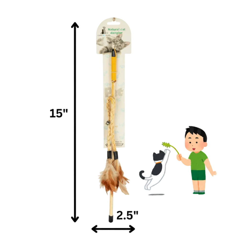 Cat toy wand with wooden handle, flying feather teaser, and bell for interactive indoor play with cats and kittens.
